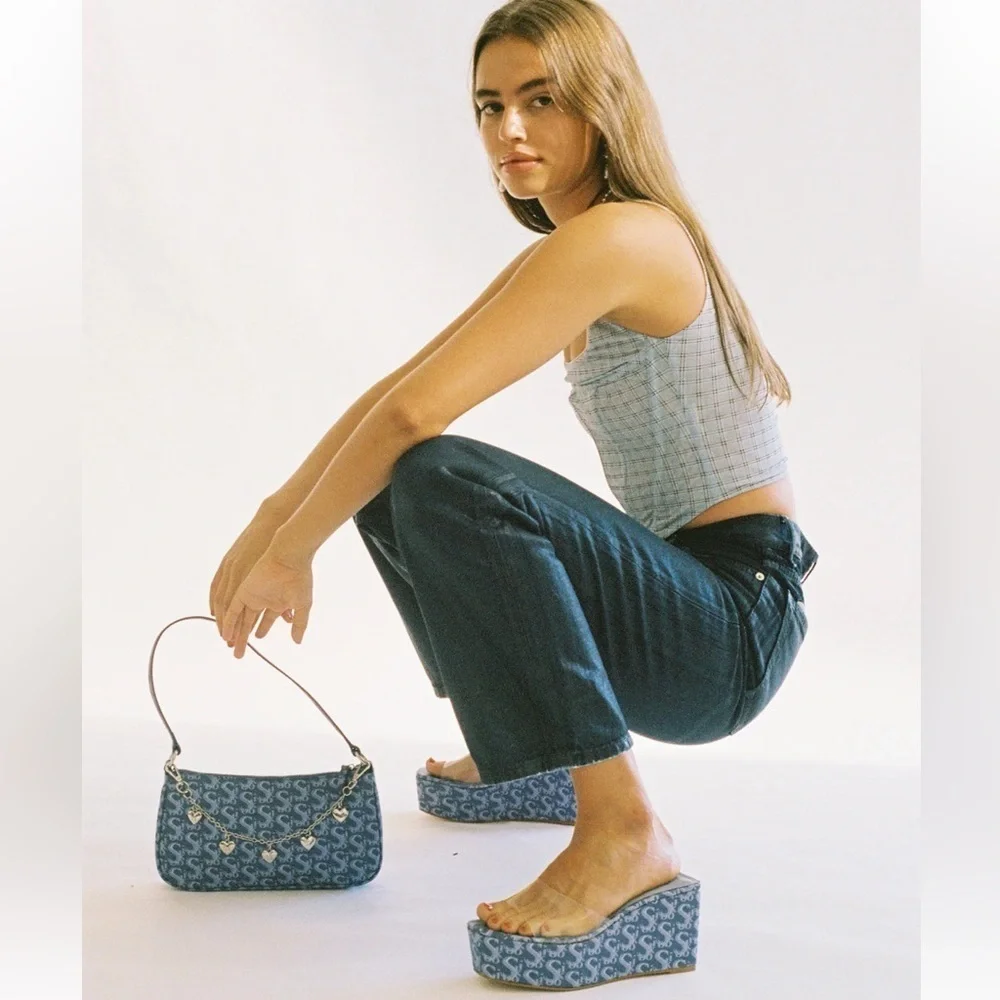Sooki La La The Rocky La La Clear Slip On Blue Logo Platform Wedge Sandals
